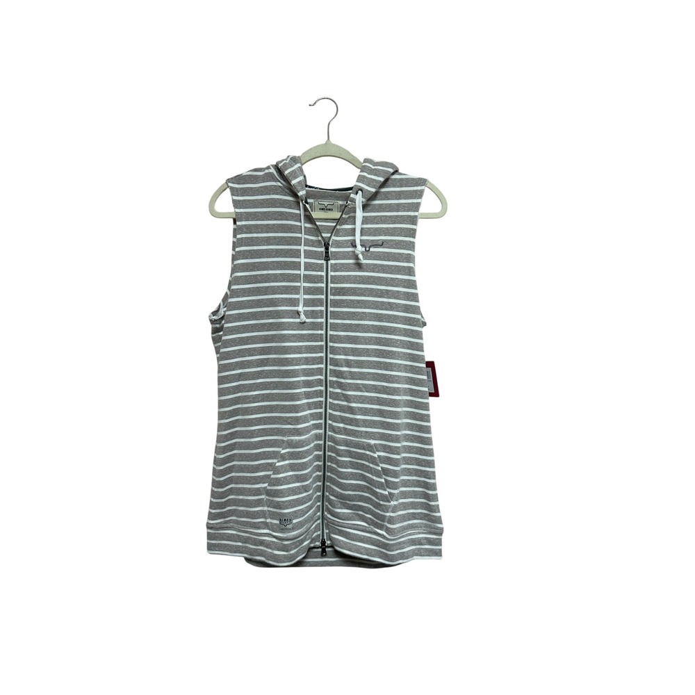 Kimes Ranch Sheena Sleeveless Hoodie Vest Gray White Striped Full Zip Large NWT